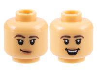 LEGO part Minifigure, Head Dual Sided Female Dark Brown Eyebrows Thick, Black Eyelashes, Nougat Lips, Lopsided Grin / Open Mouth Smile with Top Teeth Pattern - Hollow Stud 3626pb3171