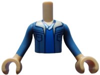 LEGO part Torso Mini Doll Boy Sand Blue Jacket with Tan Lapels over Blue and White Shirt Pattern, Medium Tan Arms with Hands with Sand Blue Long Sleeves FTBpb087c01