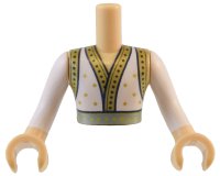 LEGO part Torso Mini Doll Man Robe with Gold and Black Trim and Sparkles and Metallic Light Blue Belt Pattern, Medium Tan Arms and Hands with White Long Sleeves FTMpb078c01
