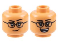 LEGO part Minifigure, Head Dual Sided Female Black Eyebrows and Glasses, Lopsided Grin / Open Mouth Smile Pattern - Hollow Stud 3626pb3173