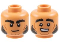 LEGO part Minifigure, Head Dual Sided Black Bushy Eyebrows and Sideburns, Medium Nougat Contour Lines, Neutral / Worried Open Mouth Smile Pattern - Vented Stud 3626pb3680