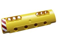 LEGO part Technic, Panel Curved 11 x 3 with 10 Pin Holes through Panel Surface with Red and White Danger Stripes Pattern Model Left Side (Sticker) - Set 42108 11954pb011L