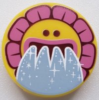 LEGO part Tile, Round 2 x 2 with Bottom Stud Holder with Sunflower Face, Dark Pink Flakes and Water Pouring from Mouth Pattern 14769pb315