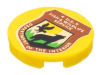 LEGO part Tile, Round 2 x 2 with Bottom Stud Holder with Reddish Brown Shield, Black Wolf, Bird, 'U.S. FISH & WILDLIFE SERVICE DEPARTMENT OF THE INTERIOR' Pattern 14769pb535