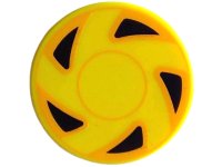 LEGO part Tile, Round 2 x 2 with Bottom Stud Holder with Hubcap with Circles and 5 Black Triangles with Bright Light Orange Edges Pattern 14769pb538
