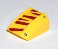 LEGO part Slope, Curved 2 x 2 Lip with Rivets and Dark Red Tiger Stripes Pattern 30602pb053