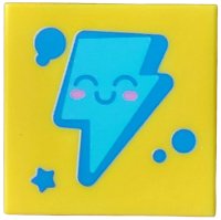 LEGO part Tile 2 x 2 with Medium Azure Lightning Bolt with Face, Blue Outline, Eyes and Nose, Star and Dots, Dark Pink Cheeks Pattern 3068pb2786