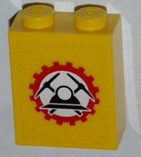 LEGO part Brick 1 x 2 x 2 with Inside Stud Holder with Miners Logo (Helmet with Crossed Pickaxes in Gear) on Transparent Background Pattern (Sticker) - Set 4203 3245cpb014