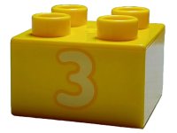 LEGO part Duplo, Brick 2 x 2 with Bright Light Yellow Number 3 with Orange Outline Pattern 3437pb102