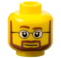 LEGO part Minifigure, Head Reddish Brown Eyebrows, Moustache, and Angular Beard, Upper Eyelids, Black Glasses with White Lenses, Neutral Pattern 3626pb0267