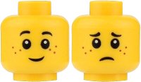 LEGO part Minifigure, Head Dual Sided Child Black Eyebrows, Reddish Brown Freckles, Grin / Sad Frown Pattern 3626pb0595