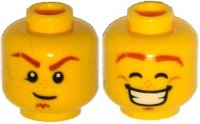 LEGO part Minifigure, Head Dual Sided Dark Orange Eyebrows with Scar, Soul Patch, Medium Nougat Freckles, Determined / Smile with Teeth, Dimples, Eyes Closed Pattern 3626pb1504