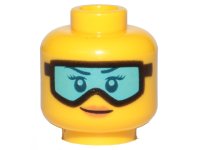 LEGO part Minifigure, Head Female Dark Blue Eyebrows, Eyelashes, and Eyes, Black Ski Goggles with Medium Azure Lens, Nougat Lips, Grin Pattern 3626pb2139