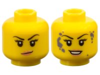 LEGO part Minifigure, Head Dual Sided Female Black Eyebrows, Eyelashes, Nougat Lips, Smirk / Dark Bluish Gray Splotches and Open Mouth Smile with Teeth Pattern 3626pb2147