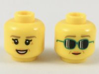 LEGO part Minifigure, Head Dual Sided Female Dark Tan Eyebrows, Medium Nougat Crow's Feet, Peach Lips, Smile / Dark Turquoise Sunglasses Pattern 3626pb2150
