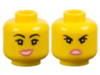 LEGO part Minifigure, Head Dual Sided Female Black Eyebrows, Eyelashes, Freckles, Dark Pink Lips, Lopsided Open Mouth Smile Large with Teeth / Angry Pattern - Hollow Stud 3626pb2263