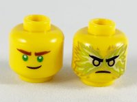 LEGO part Minifigure, Head Dual Sided Reddish Brown Eyebrows, Green Eyes, Crooked Smile / Black Eyebrows, Gold Eyes, Energy, Angry Pattern (Lloyd) - Hollow Stud 3626pb2445