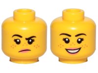 LEGO part Minifigure, Head Dual Sided Female, Freckles, Pink Lips, Raised Right Eyebrow, Grumpy / Smile Pattern - Hollow Stud 3626pb2455