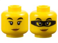 LEGO part Minifigure, Head Dual Sided Female Black Eyebrows, Eyelashes, Medium Nougat Lips, Lopsided Grin / Black Mask Pattern - Hollow Stud 3626pb2533