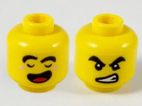 LEGO part Minifigure, Head Dual Sided Black Thick Eyebrows, Closed Eyes and Open Mouth with Red Tongue / Angry with Bared Teeth Pattern - Hollow Stud 3626pb2616