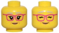 LEGO part Minifigure, Head Dual Sided Female Light Bluish Gray Eyebrows, Black Eyelashes, Magenta Glasses, Nougat Lips and Dimples, Grin, Open Eyes / Closed Eyes Pattern - Hollow Stud 3626pb2933