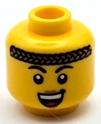 LEGO part Minifigure, Head Female Black Eyebrows, Dark Tan Braided Headband, Nougat Lips, Open Mouth Smile with Top Teeth and Red Tongue Pattern - Vented Stud 3626pb3487