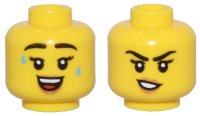 LEGO part Minifigure, Head Dual Sided Female Black Eyebrows and Eyelashes, Medium Nougat Lips, Sweat Drops and Open Mouth Smile / Crooked Mouth Pattern - Vented Stud 3626pb3510