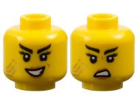 LEGO part Minifigure, Head Dual Sided Female Black Eyebrows, Long Eyelashes, Medium Nougat Lips, Gold Stripes Tattoo, Evil Open Mouth Smile with Teeth / Scowl Pattern - Vented Stud 3626pb3543