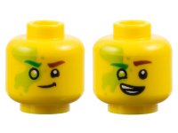 LEGO part Minifigure, Head Dual Sided Reddish Brown Eyebrow Left, Bright Green Eyebrow Right, Lime Smudge on Right, Lopsided Grin / Smile with White Teeth Pattern - Vented Stud 3626pb3667