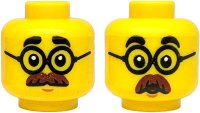 LEGO part Minifigure, Head Dual Sided Black Thick Eyebrows, Round Glasses, Reddish Brown Moustache, Medium Nougat Chin Dimple, Neutral / Surprised Open Mouth Pattern 3626pb3890