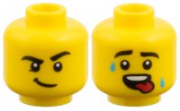 LEGO part Minifigure, Head Dual Sided, Black Eyebrows, Lopsided Smirk / Sweat Drops and Red Tongue Pattern 3626pb4061