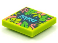 LEGO part Tile 2 x 2 with BeatBit Album Cover - Coral, Lime and Bright Green Tree Leaves Pattern 3068pb1581