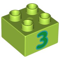 LEGO part Duplo, Brick 2 x 2 with Number 3 Green Pattern 3437pb060
