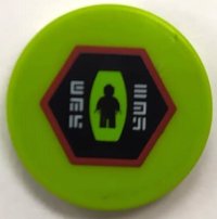 LEGO part Tile, Round 2 x 2 with Black and Dark Red Hexagon with Alien Characters and Minifigure Silhouette in Alien Pod Pattern (Sticker) - Set 70703 4150pb197