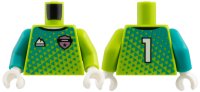 LEGO part Torso Jersey, Dark Turquoise Triangles, Metallic Pink Badge, White Sports Mountain Logo and 1 on Back Pattern / Lime Arm Left / Dark Turquoise Arm Right / White Hands 973pb6605c01