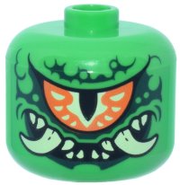 LEGO onderdeel Minifigure, Head, Modified Giant Orange Eye, Yellowish Green Fangs, Dark Green Skin Wrinkles Pattern 79435pb11