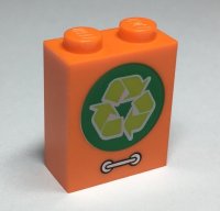 LEGO part Brick 1 x 2 x 2 with Inside Stud Holder with Lime Recycling Arrows in Green Circle and Silver Door Handle Pattern 3245cpb090