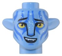 LEGO part Minifigure, Head, Modified Alien Na'vi with Yellow Eyes, Silver Spots, Blue Markings, Raised Eyebrows, Lopsided Open Mouth Smile with Top Teeth Pattern 1576pb08