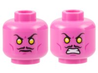 LEGO part Minifigure, Head Dual Sided Thin Black Moustache, Yellow Eyes, Magenta Cheek Lines and Chin Dimple, Frown / Bared Teeth Pattern 3626pb1269