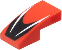 LEGO part Slope, Curved 2 x 1 x 2/3 with White Stripes on Black Chevron Pattern 11477pb204