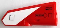 LEGO part Technic, Verkleidungspanel #21 sehr klein glatt, Seite B mit schwarzem 'RESCUE' in Pfeil, Luke und Türgriff auf rot und weißem Streifenmuster (Aufkleber) - Set 42092 11946pb073