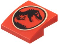 LEGO part Slope, Curved 2 x 2 x 2/3 with Black Dinosaur in Tan Circle (Jurassic Park Logo) Pattern 15068pb615