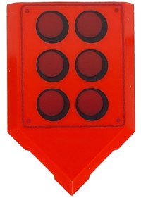 LEGO onderdeel Tile, Modified 2 x 3 Pentagonal with 6 Dark Red Circles with Black Outline and Rivets Pattern 22385pb280