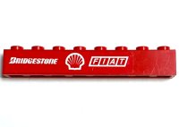 LEGO part Steen 1 x 8 con Patrón 'BRIDGESTONE' Blanco, Logo Shell y 'FIAT' sobre Fondo Rojo (Pegatina) - Set 8654 3008pb134