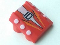 LEGO part Stein, Modified 2 x 2 No Studs, Sloped with 6 Side Pistons Raised and '6', White Triangle and Orange Stripes Pattern 30603pb05