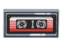 LEGO part Tile 1 x 2 with Cassette Tape with Red and White Striped Label and Black Frame Pattern 3069pb1104