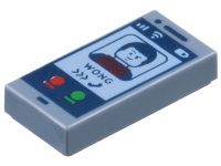 LEGO part Tile 1 x 2 with Cell Phone / Smartphone with Dark Blue Minifigure, 'WONG', Calling Symbol, and Red and Green Buttons Pattern 3069pb1189