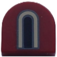 LEGO part Tile, Round 1 x 1 Half Circle Extended with Black and Tan Castle Window Pattern 24246pb058