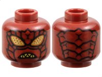 LEGO part Minifigure, Head Alien Insect with Gold Eyes with Dark Orange Dots, Exoskeleton Segments and Mandibles with Red Spikes, Angry Bared Sharp Teeth Pattern 3626pb3784