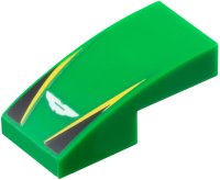LEGO part Slope, Curved 2 x 1 x 2/3 with White Aston Martin Logo, Yellow Stripes, Black Triangles Pattern 11477pb215